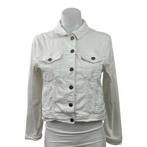 KanCan Women's White Long Sleeve Button Down Denim Jean Trucker Jacket Size M